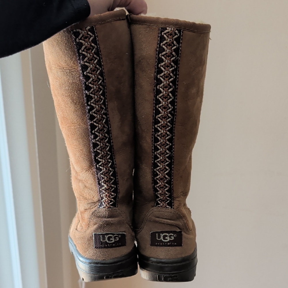 UGG Chestnut Suede Knee-High Boots with Woven Back Trim
